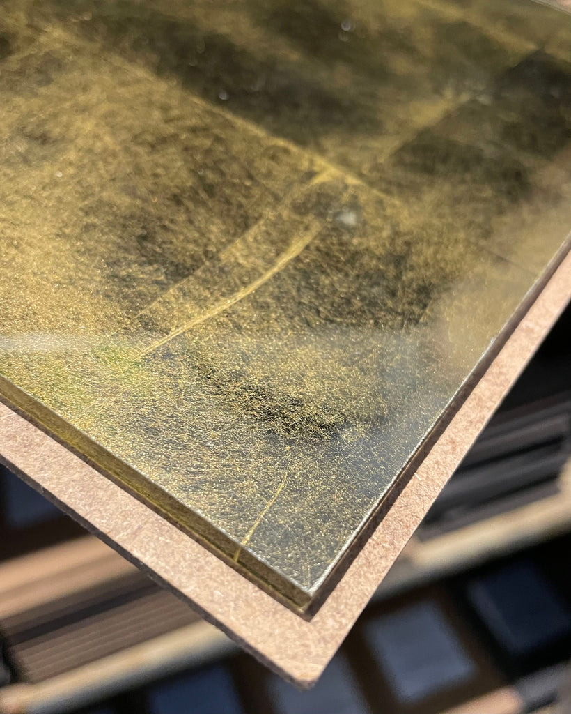 Silver Leaf Weathered Gold on Bronze Tinted Glass Sample
