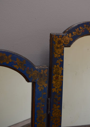 Late 19th Century English Blue Chinoiserie & Gilt Folding Triptych Mirror