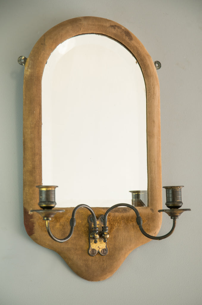 English Velvet Covered Mirror with Sconces